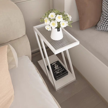 Contemporary Simplicity Rectangular Tempered Glass Z-Shaped Carbon Steel Frame Nightstand 2-Tier Casters For Bedroom