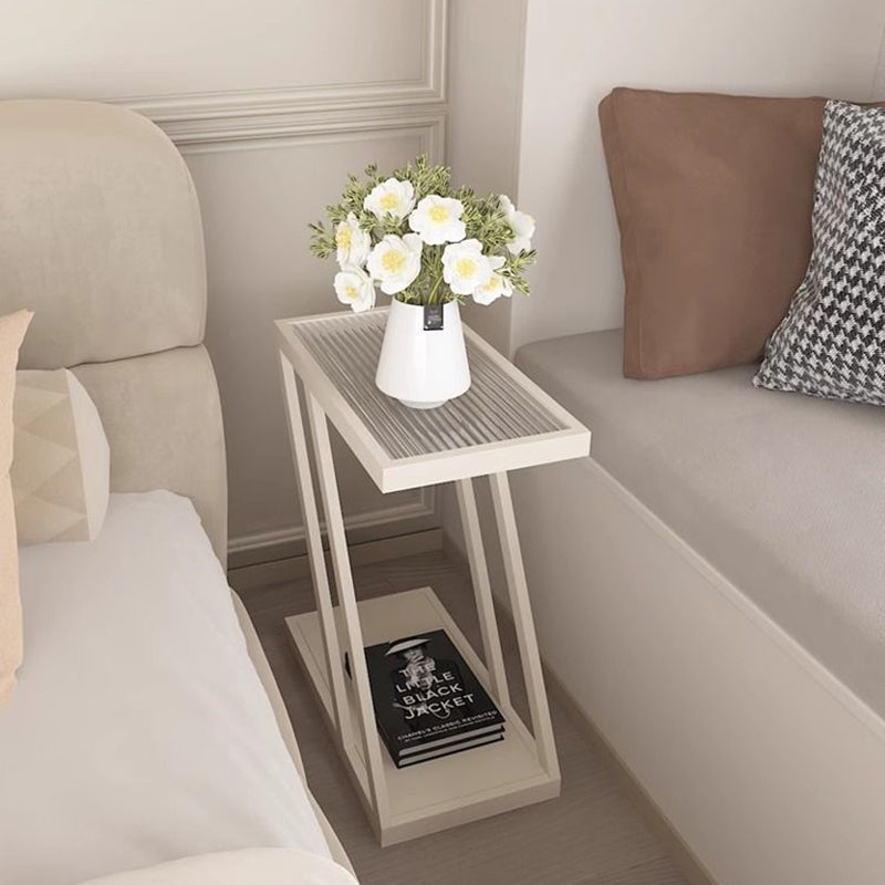 Contemporary Simplicity Rectangular Tempered Glass Z-Shaped Carbon Steel Frame Nightstand 2-Tier Casters For Bedroom