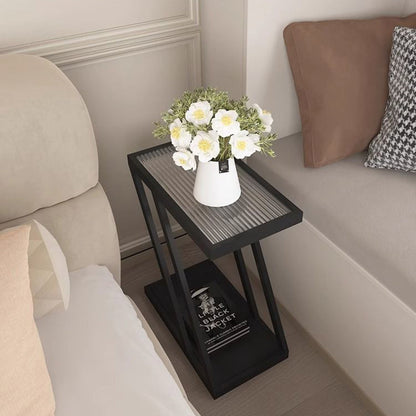 Contemporary Simplicity Rectangular Tempered Glass Z-Shaped Carbon Steel Frame Nightstand 2-Tier Casters For Bedroom