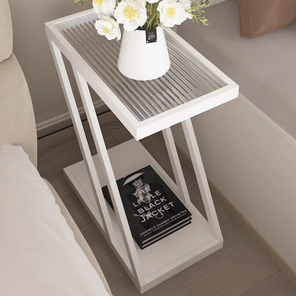 Contemporary Simplicity Rectangular Tempered Glass Z-Shaped Carbon Steel Frame Nightstand 2-Tier Casters For Bedroom
