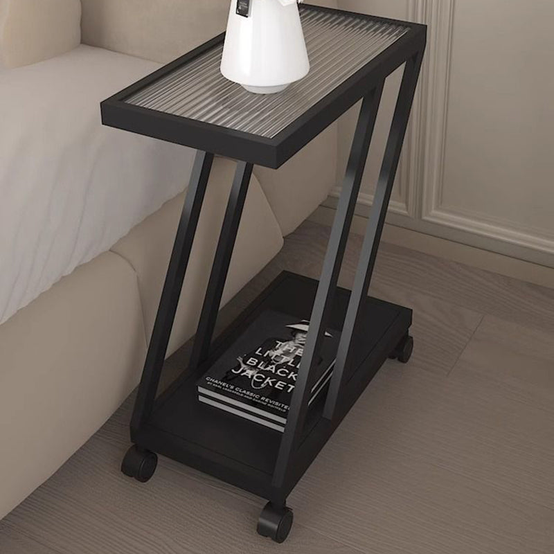 Contemporary Simplicity Rectangular Tempered Glass Z-Shaped Carbon Steel Frame Nightstand 2-Tier Casters For Bedroom