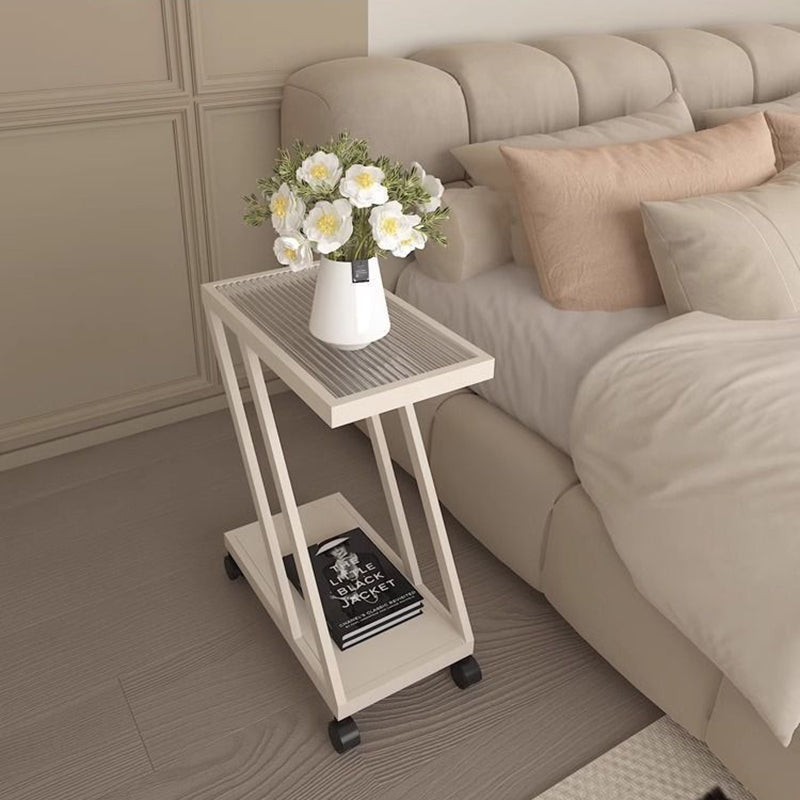 Contemporary Simplicity Rectangular Tempered Glass Z-Shaped Carbon Steel Frame Nightstand 2-Tier Casters For Bedroom