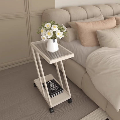 Contemporary Simplicity Rectangular Tempered Glass Z-Shaped Carbon Steel Frame Nightstand 2-Tier Casters For Bedroom