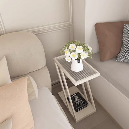 Contemporary Simplicity Rectangular Tempered Glass Z-Shaped Carbon Steel Frame Nightstand 2-Tier Casters For Bedroom