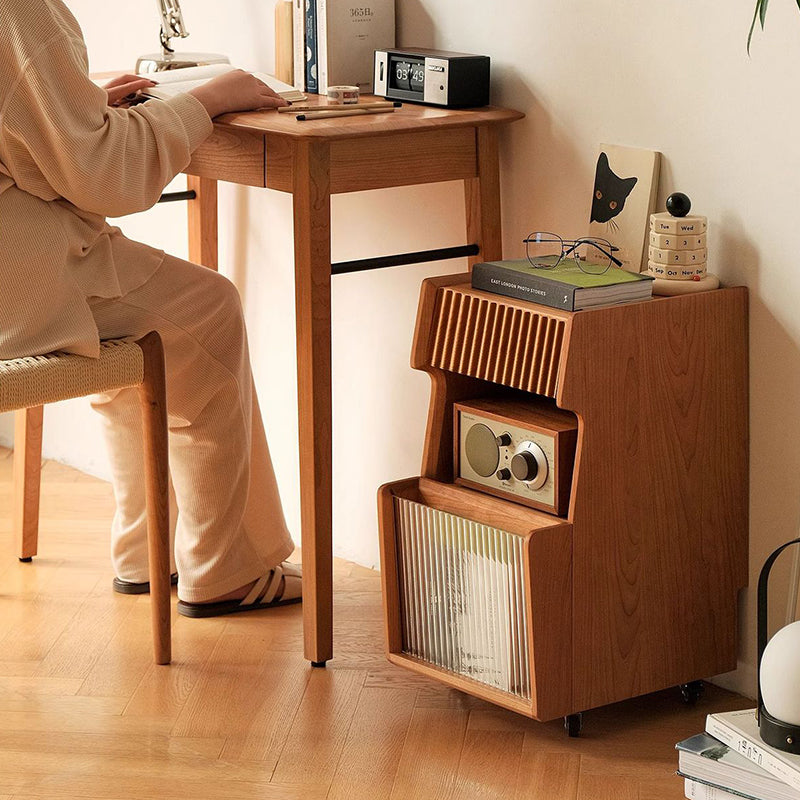 Traditional Japanese Solid Wood Glass Square Movable Nightstand Drawer Storage Shelf For Bedroom