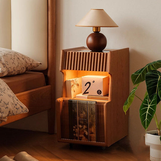 Traditional Japanese Solid Wood Glass Square Movable Nightstand Drawer Storage Shelf For Bedroom