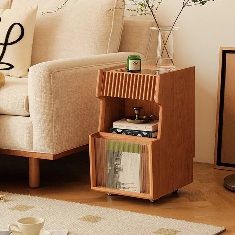 Traditional Japanese Solid Wood Glass Square Movable Nightstand Drawer Storage Shelf For Bedroom