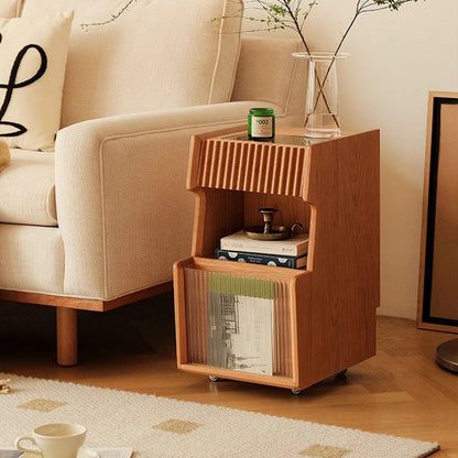 Traditional Japanese Solid Wood Glass Square Movable Nightstand Drawer Storage Shelf For Bedroom