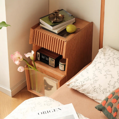 Traditional Japanese Solid Wood Glass Square Movable Nightstand Drawer Storage Shelf For Bedroom