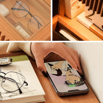 Traditional Japanese Solid Wood Glass Square Movable Nightstand Drawer Storage Shelf For Bedroom