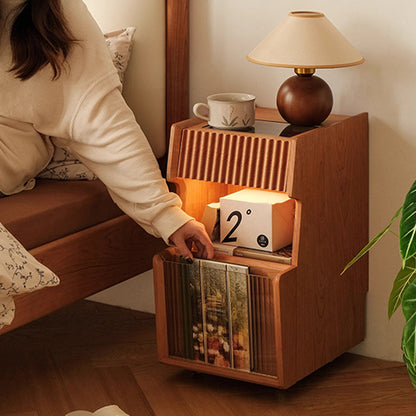 Traditional Japanese Solid Wood Glass Square Movable Nightstand Drawer Storage Shelf For Bedroom