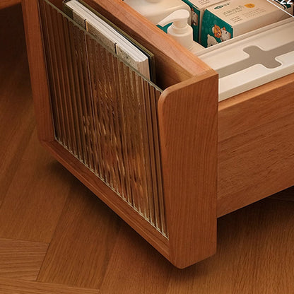 Traditional Japanese Solid Wood Glass Square Movable Nightstand Drawer Storage Shelf For Bedroom