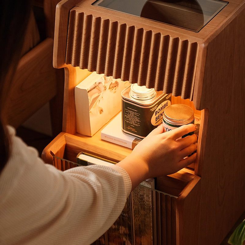 Traditional Japanese Solid Wood Glass Square Movable Nightstand Drawer Storage Shelf For Bedroom