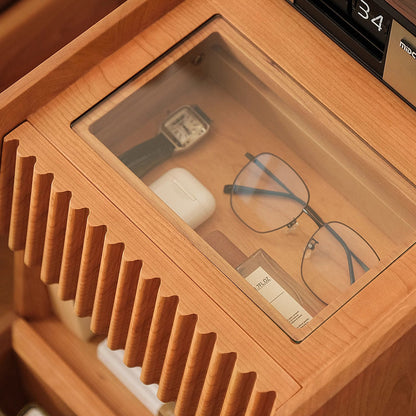 Traditional Japanese Solid Wood Glass Square Movable Nightstand Drawer Storage Shelf For Bedroom