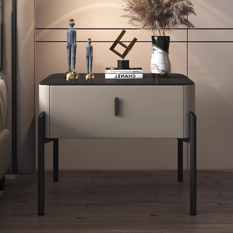 Contemporary Luxury Rectangular Tempered Glass Top Faux Leather Veneered Solid Wood Frame Nightstand 1-Drawer For Bedroom
