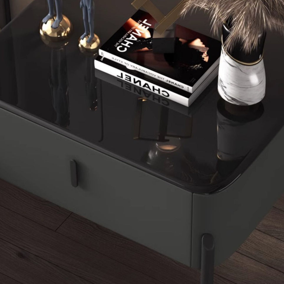 Contemporary Luxury Rectangular Tempered Glass Top Faux Leather Veneered Solid Wood Frame Nightstand 1-Drawer For Bedroom