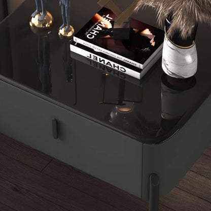 Contemporary Luxury Rectangular Tempered Glass Top Faux Leather Veneered Solid Wood Frame Nightstand 1-Drawer For Bedroom