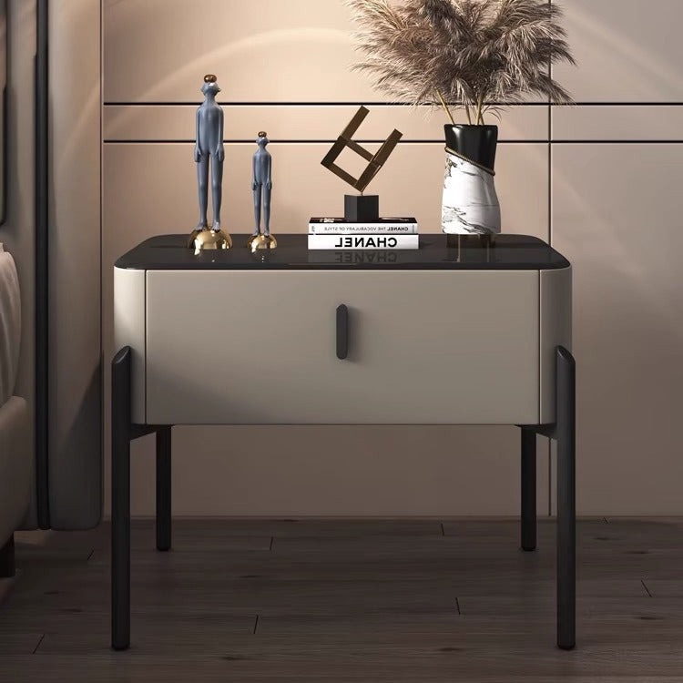 Contemporary Luxury Rectangular Tempered Glass Top Faux Leather Veneered Solid Wood Frame Nightstand 1-Drawer For Bedroom