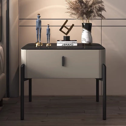 Contemporary Luxury Rectangular Tempered Glass Top Faux Leather Veneered Solid Wood Frame Nightstand 1-Drawer For Bedroom