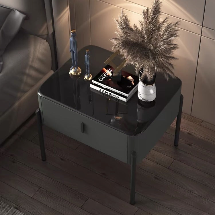 Contemporary Luxury Rectangular Tempered Glass Top Faux Leather Veneered Solid Wood Frame Nightstand 1-Drawer For Bedroom