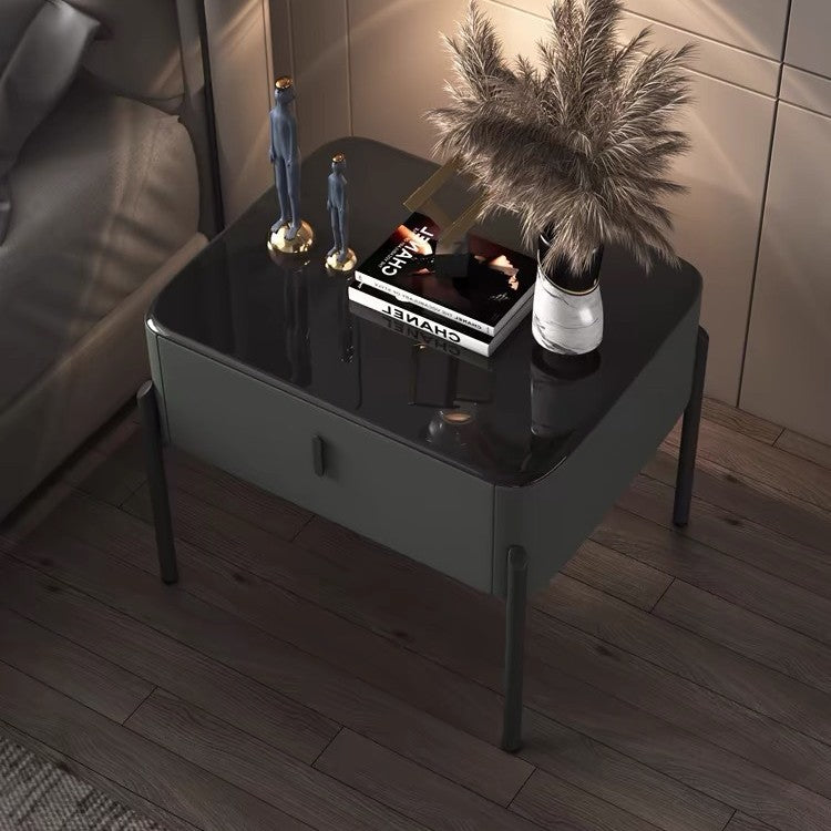 Contemporary Luxury Rectangular Tempered Glass Top Faux Leather Veneered Solid Wood Frame Nightstand 1-Drawer For Bedroom