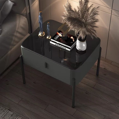 Contemporary Luxury Rectangular Tempered Glass Top Faux Leather Veneered Solid Wood Frame Nightstand 1-Drawer For Bedroom
