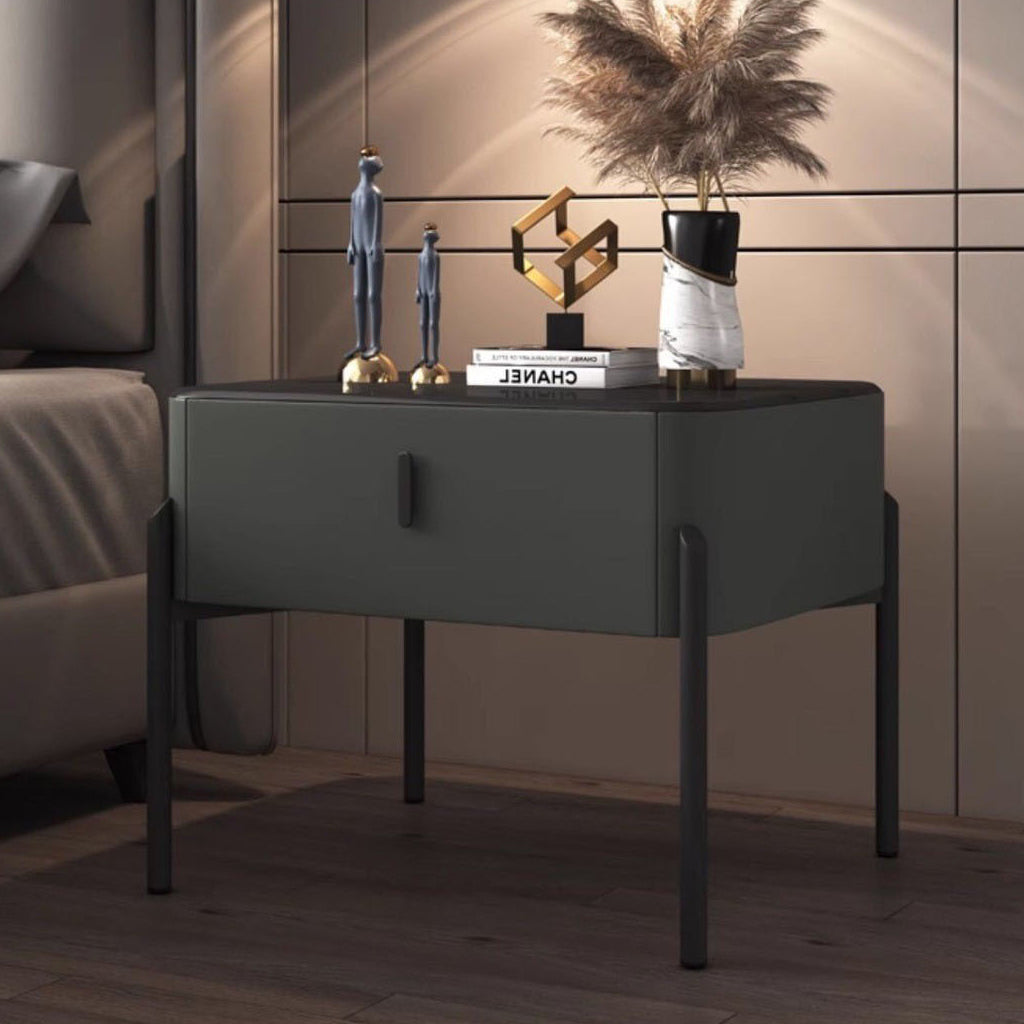 Contemporary Luxury Rectangular Tempered Glass Top Faux Leather Veneered Solid Wood Frame Nightstand 1-Drawer For Bedroom