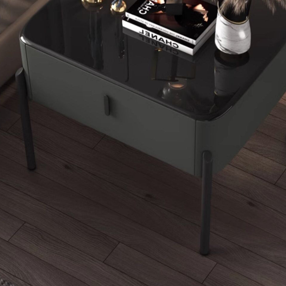 Contemporary Luxury Rectangular Tempered Glass Top Faux Leather Veneered Solid Wood Frame Nightstand 1-Drawer For Bedroom