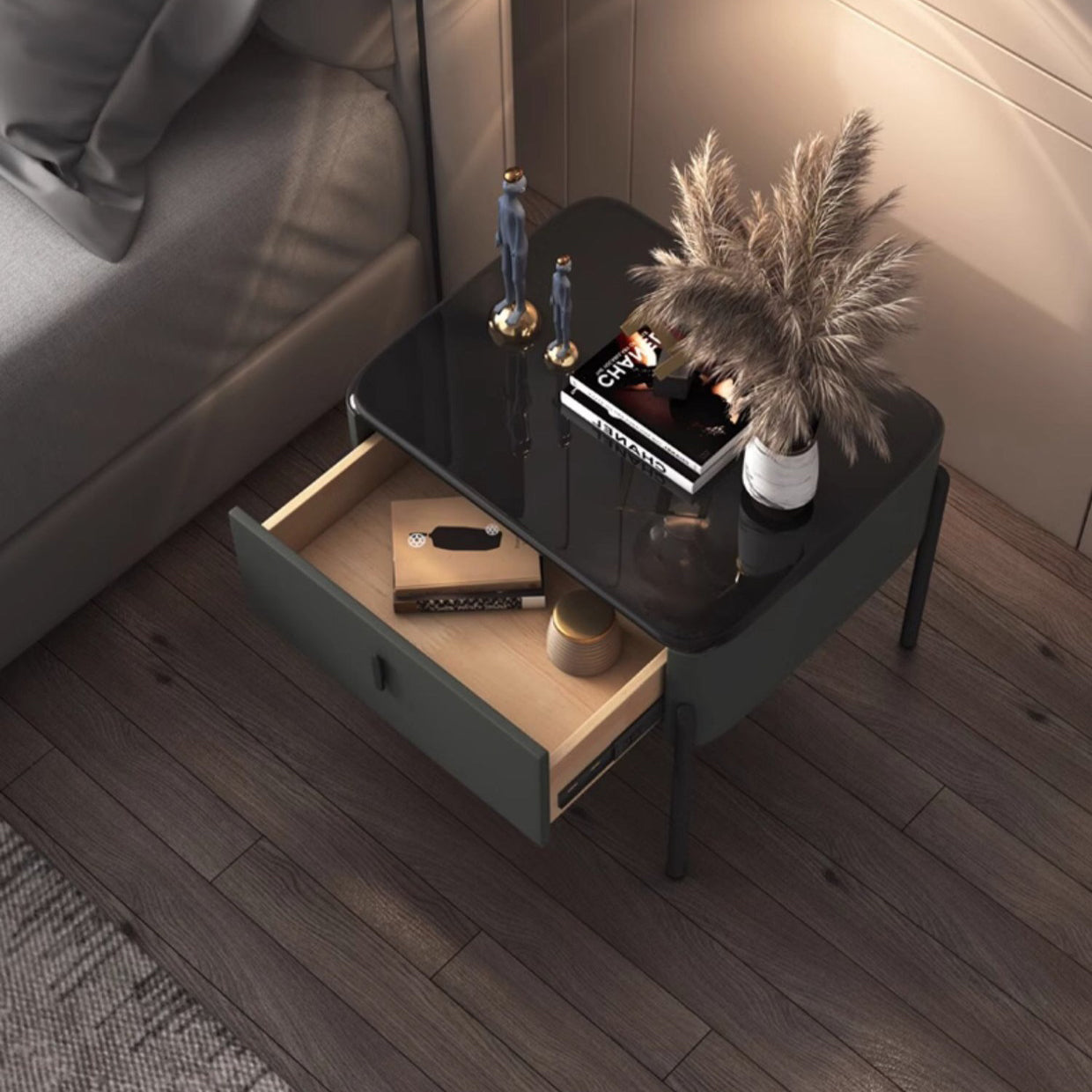 Contemporary Luxury Rectangular Tempered Glass Top Faux Leather Veneered Solid Wood Frame Nightstand 1-Drawer For Bedroom