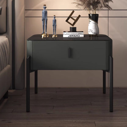 Contemporary Luxury Rectangular Tempered Glass Top Faux Leather Veneered Solid Wood Frame Nightstand 1-Drawer For Bedroom