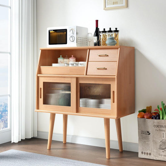 Traditional Japanese Rectangular Solid Wood Sideboard 2-Drawer Storage Cabinets For Dining Room