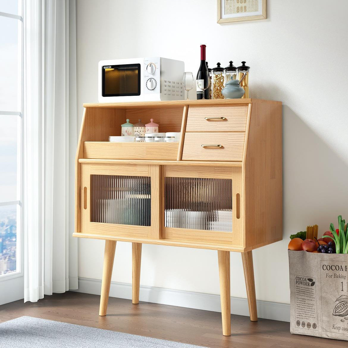 Traditional Japanese Rectangular Solid Wood Sideboard 2-Drawer Storage Cabinets For Dining Room