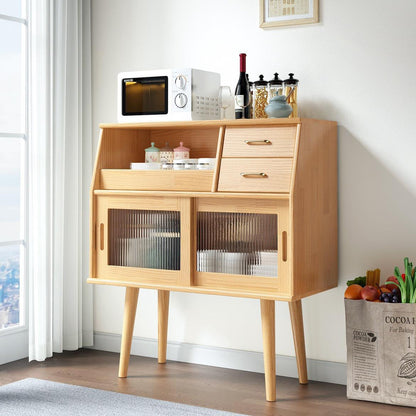 Traditional Japanese Rectangular Solid Wood Sideboard 2-Drawer Storage Cabinets For Dining Room