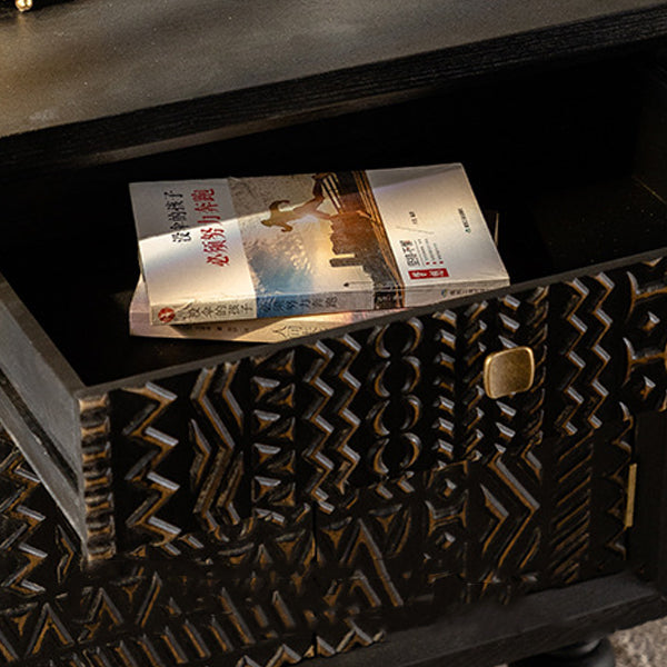 Traditional Farmhouse Geometric Cube Carved Pattern Solid Wood Nightstand Drawer Storage Cabinet For Bedroom