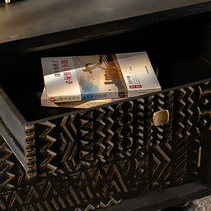 Traditional Farmhouse Geometric Cube Carved Pattern Solid Wood Nightstand Drawer Storage Cabinet For Bedroom