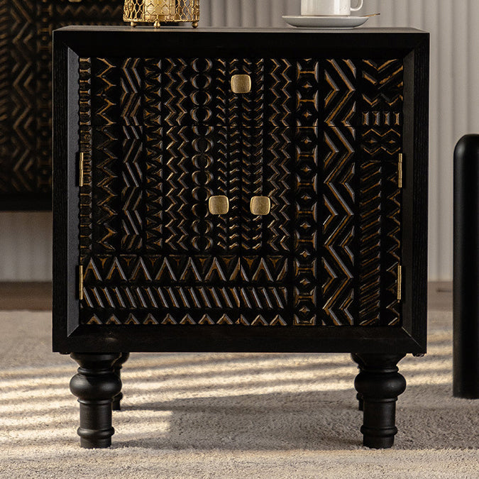 Traditional Farmhouse Geometric Cube Carved Pattern Solid Wood Nightstand Drawer Storage Cabinet For Bedroom