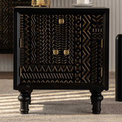 Traditional Farmhouse Geometric Cube Carved Pattern Solid Wood Nightstand Drawer Storage Cabinet For Bedroom