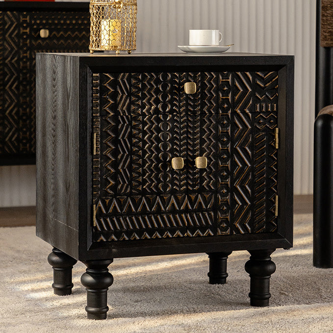 Traditional Farmhouse Geometric Cube Carved Pattern Solid Wood Nightstand Drawer Storage Cabinet For Bedroom