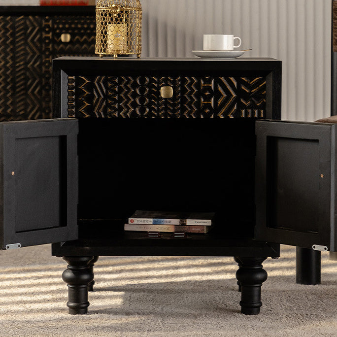 Traditional Farmhouse Geometric Cube Carved Pattern Solid Wood Nightstand Drawer Storage Cabinet For Bedroom