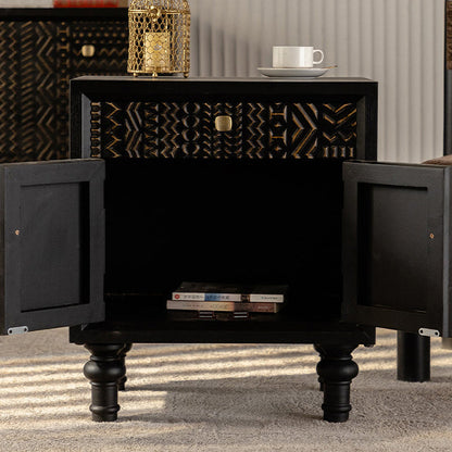 Traditional Farmhouse Geometric Cube Carved Pattern Solid Wood Nightstand Drawer Storage Cabinet For Bedroom