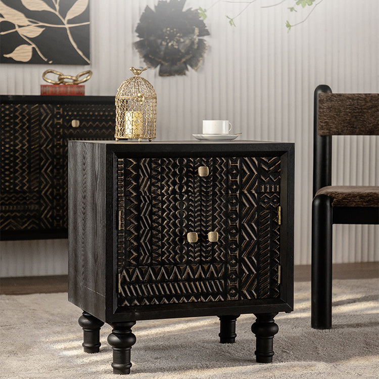 Traditional Farmhouse Geometric Cube Carved Pattern Solid Wood Nightstand Drawer Storage Cabinet For Bedroom