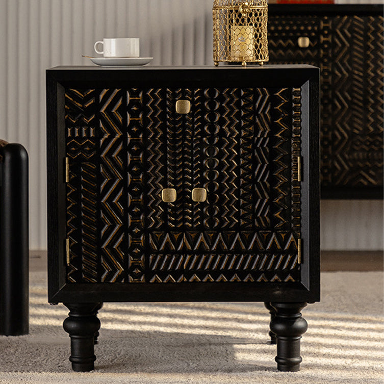 Traditional Farmhouse Geometric Cube Carved Pattern Solid Wood Nightstand Drawer Storage Cabinet For Bedroom