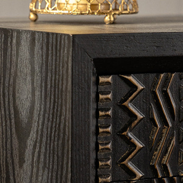 Traditional Farmhouse Geometric Cube Carved Pattern Solid Wood Nightstand Drawer Storage Cabinet For Bedroom