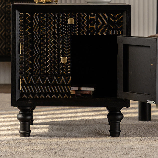 Traditional Farmhouse Geometric Cube Carved Pattern Solid Wood Nightstand Drawer Storage Cabinet For Bedroom