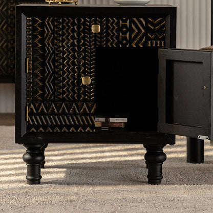 Traditional Farmhouse Geometric Cube Carved Pattern Solid Wood Nightstand Drawer Storage Cabinet For Bedroom