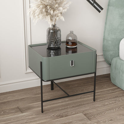 Modern Minimalist Geometric Square Glass Top Solid Wood Nightstand 1-Drawer For Bedroom