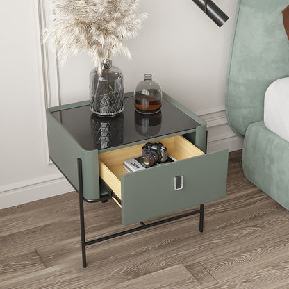 Modern Minimalist Geometric Square Glass Top Solid Wood Nightstand 1-Drawer For Bedroom