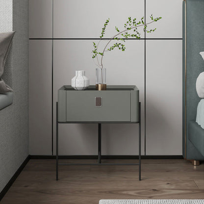 Modern Minimalist Geometric Square Glass Top Solid Wood Nightstand 1-Drawer For Bedroom