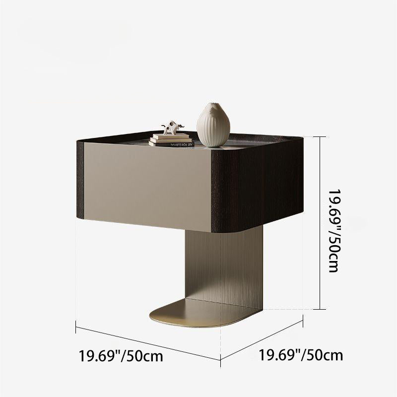 Modern Luxury Square Sintered Stone Top Smoked Wood Veneered Nightstand 1-Drawer For Bedroom