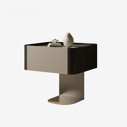 Modern Luxury Square Sintered Stone Top Smoked Wood Veneered Nightstand 1-Drawer For Bedroom